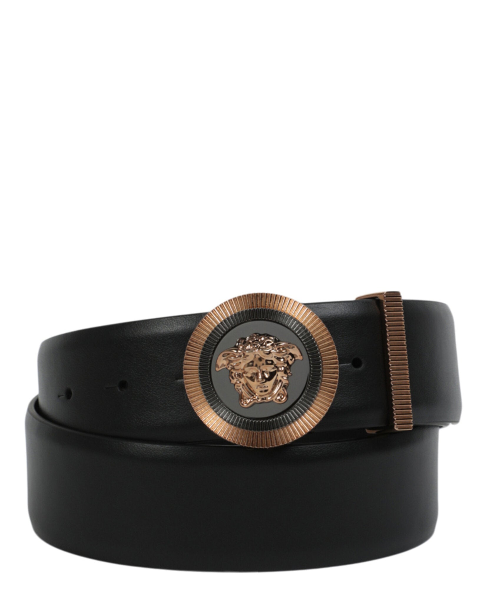 title:Enamel Medusa Leather Belt;color:Black Gold