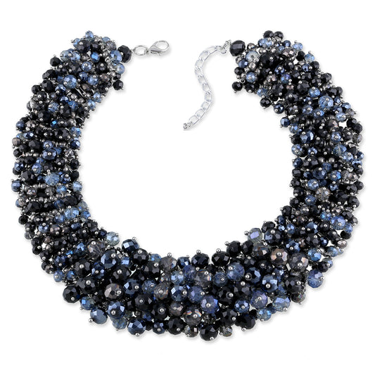 Black & Blue Crystal Beaded Cluster Choker Necklace