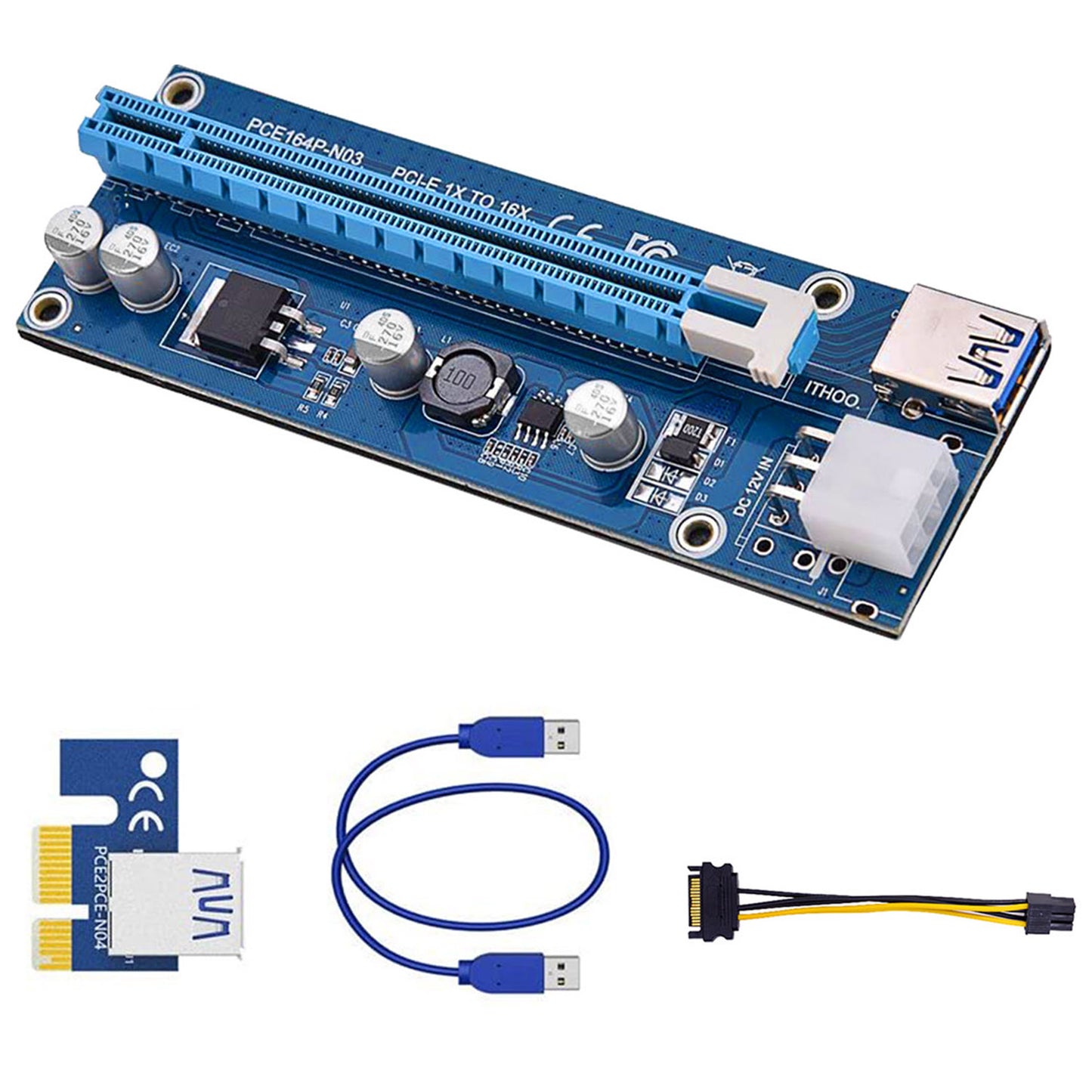 title:5Sets PCI-E PCI Express Risers GPU Mining Powered 1X to 16X Riser Adapter Card w/ 23.62in USB 3.0 Cable MOLEX To SATA Power Cable 4 Solid Capacitors V- Electronics;color:not applicable