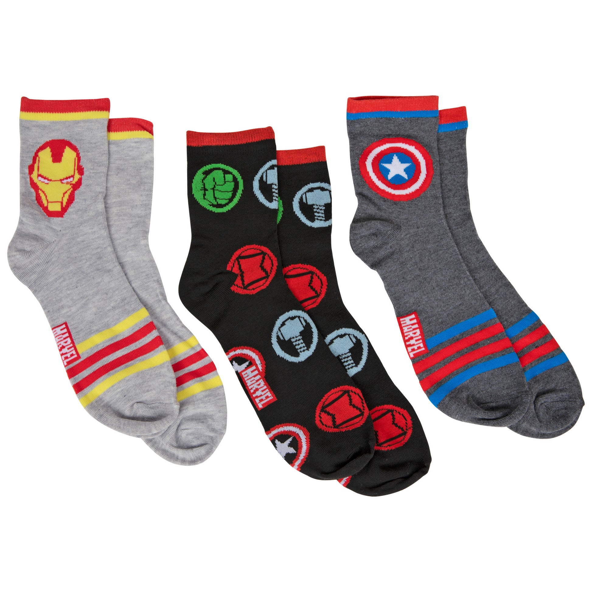 title:Captain America, Iron Man and Avengers Logo 3-Pack 3/4 Crew Socks;color:Multi-Color