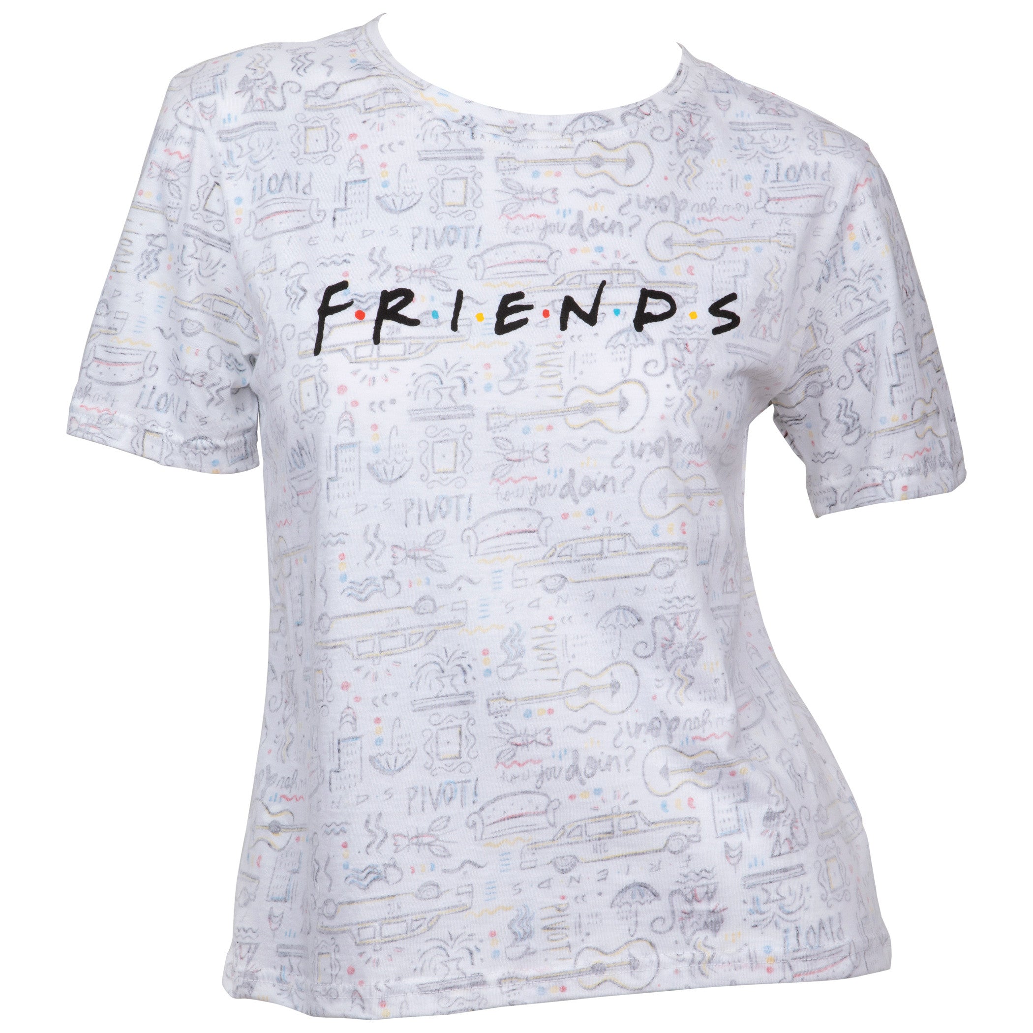 title:Friends TV Show Text Over All Over Print T-Shirt;color:White