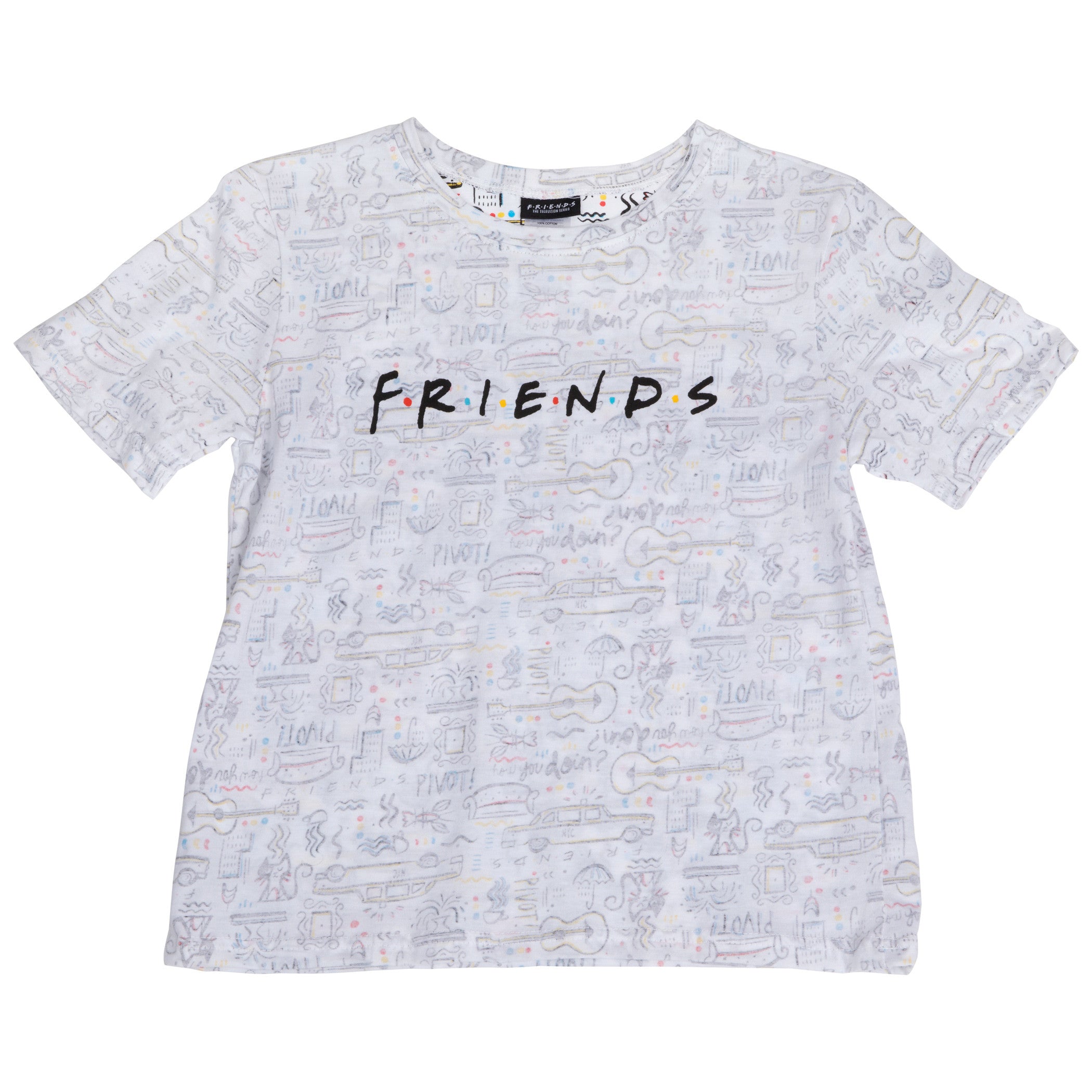 title:Friends TV Show Text Over All Over Print T-Shirt;color:White