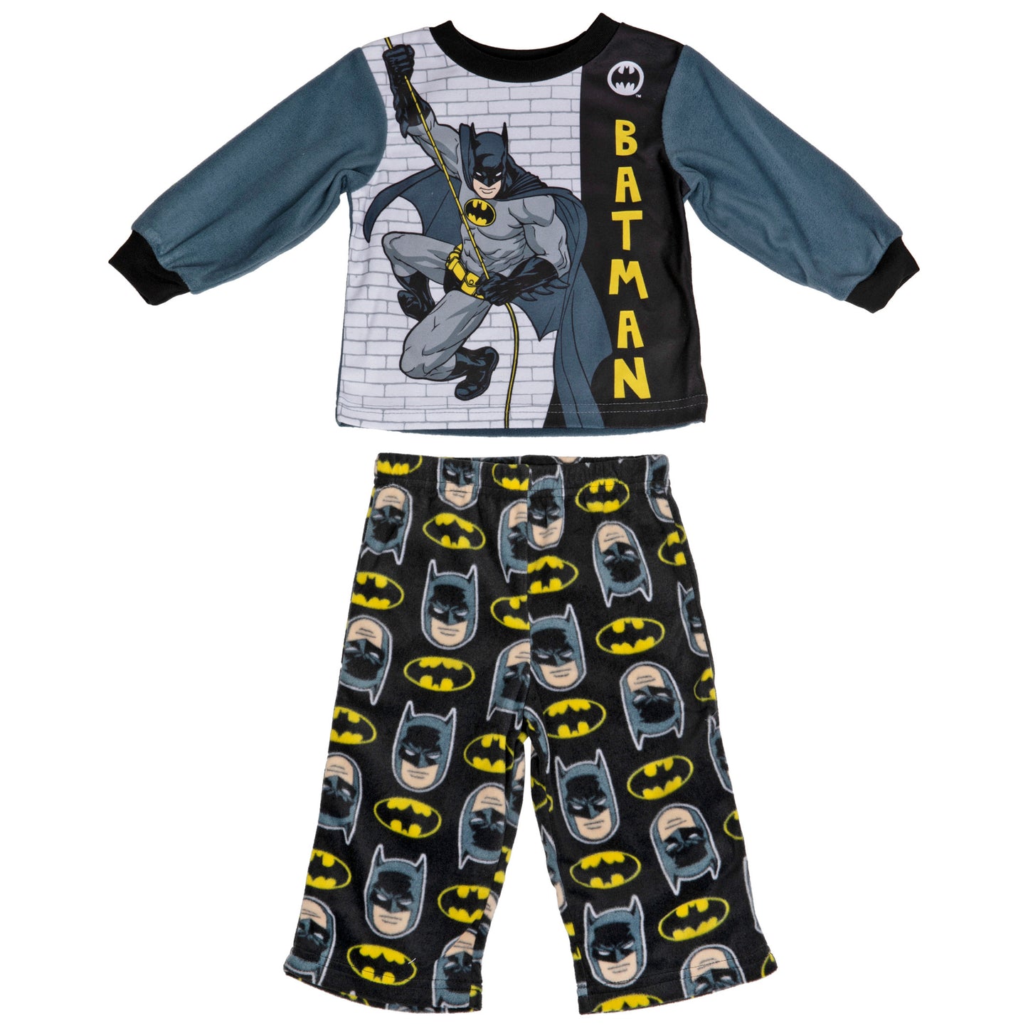 title:Batman Hero Pose and All Over Heads and Symbols Infant Pajama Set;color:Multi-Color