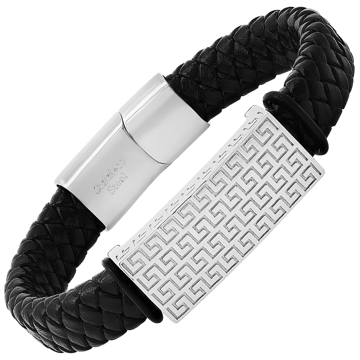 SteelTime Greek Key Woven Leather ID Bracelet