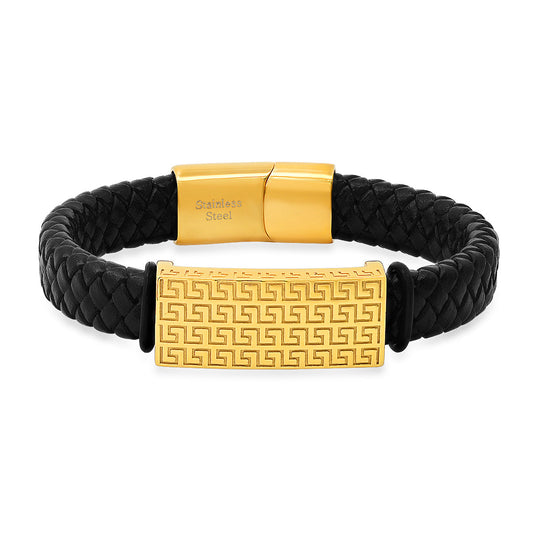 SteelTime Greek Key Woven Leather ID Bracelet