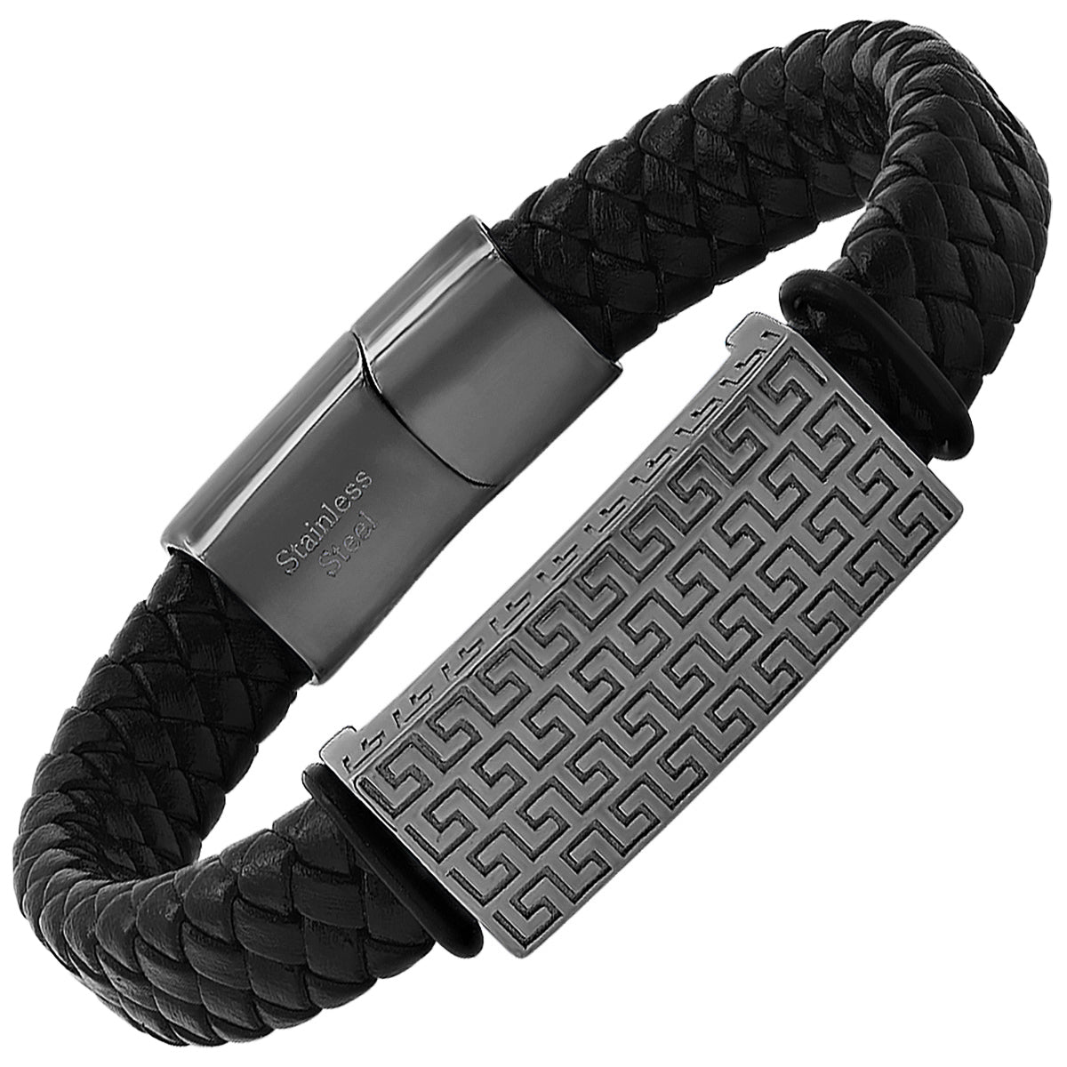 SteelTime Greek Key Woven Leather ID Bracelet