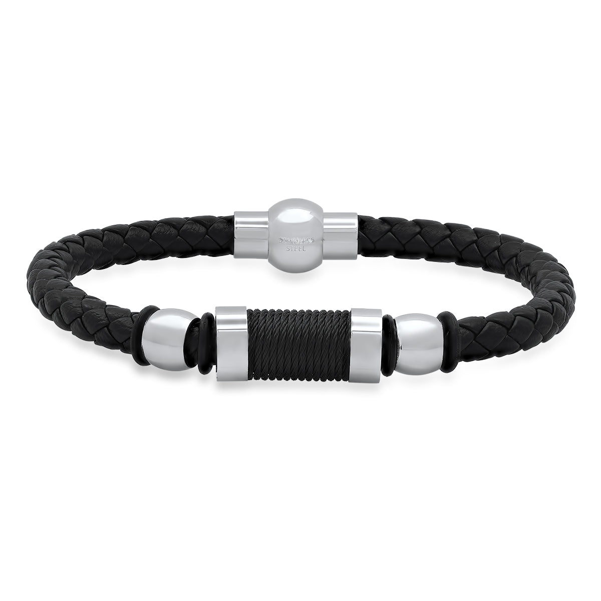 Black Leather Rope Bracelet with Stainless Steel Accents