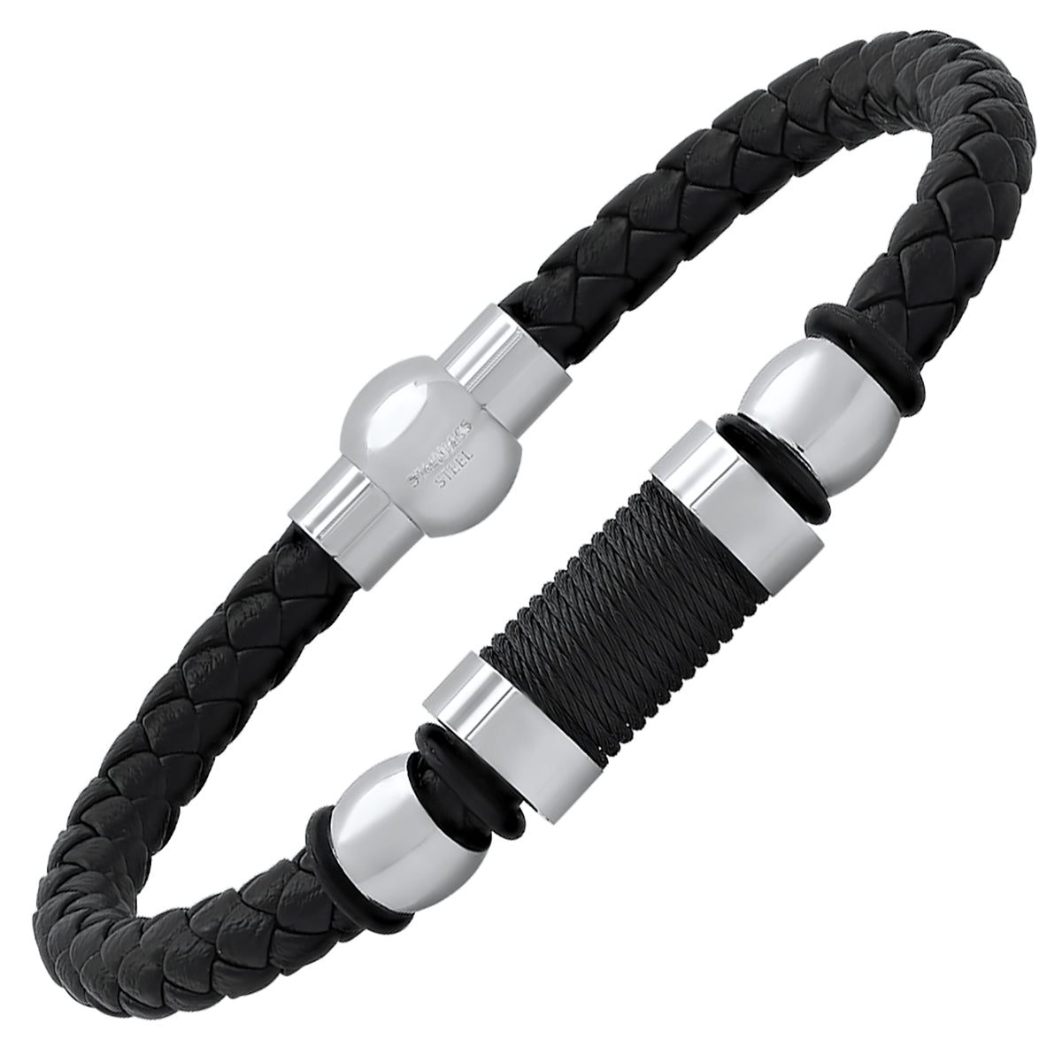 Black Leather Rope Bracelet with Stainless Steel Accents