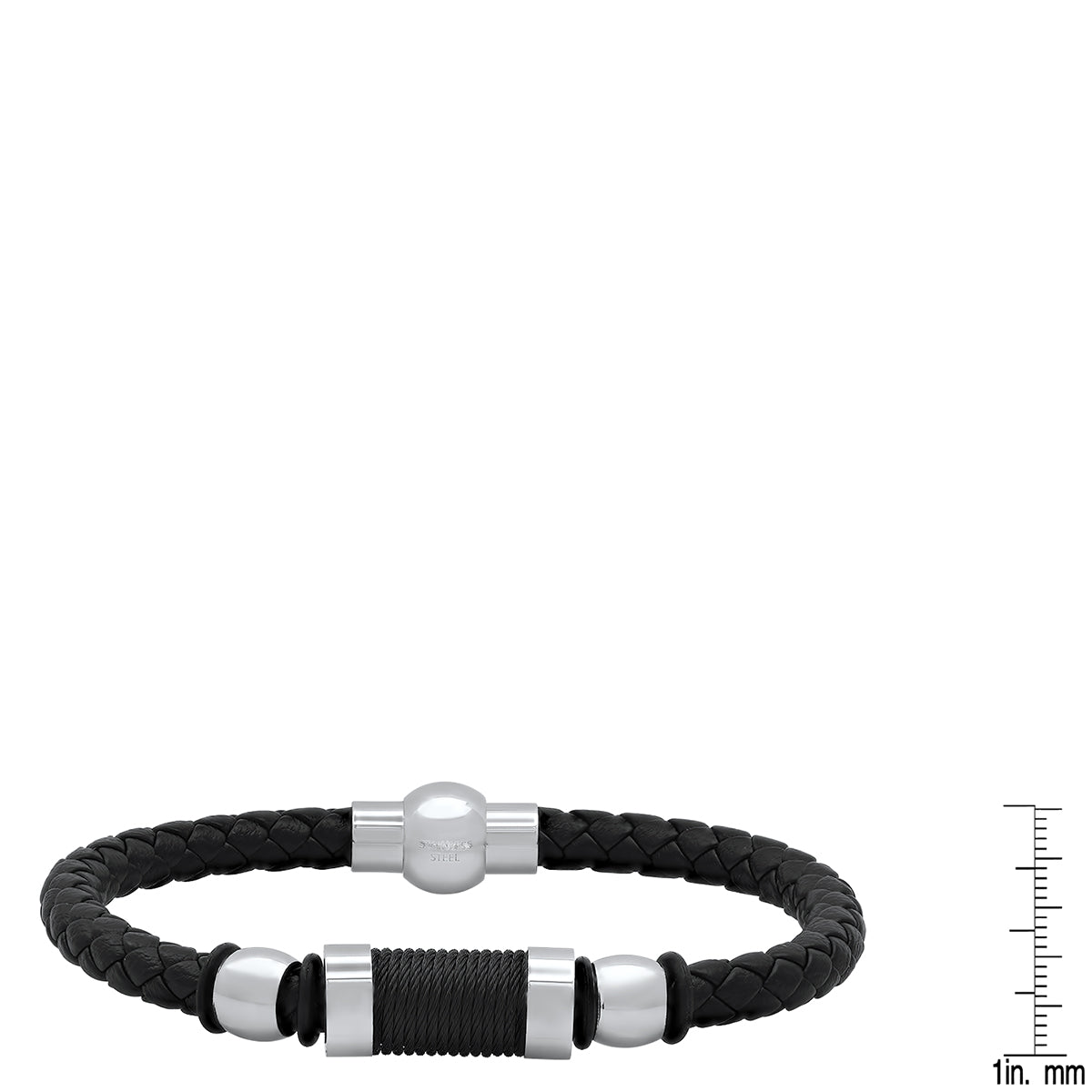 Black Leather Rope Bracelet with Stainless Steel Accents