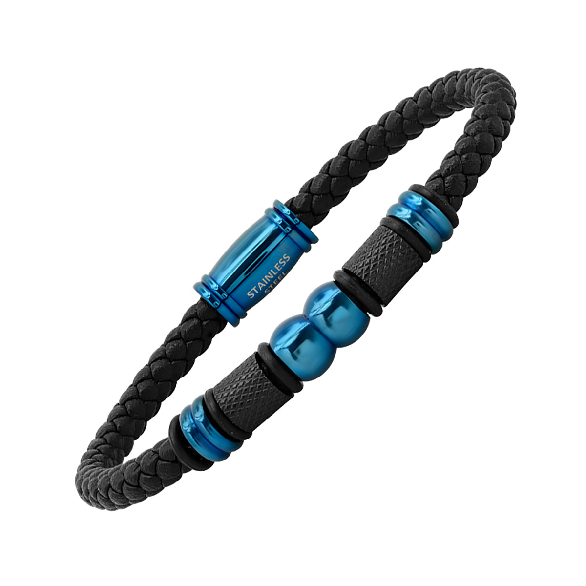 Blue Ion Plated Braided Leather Bracelet