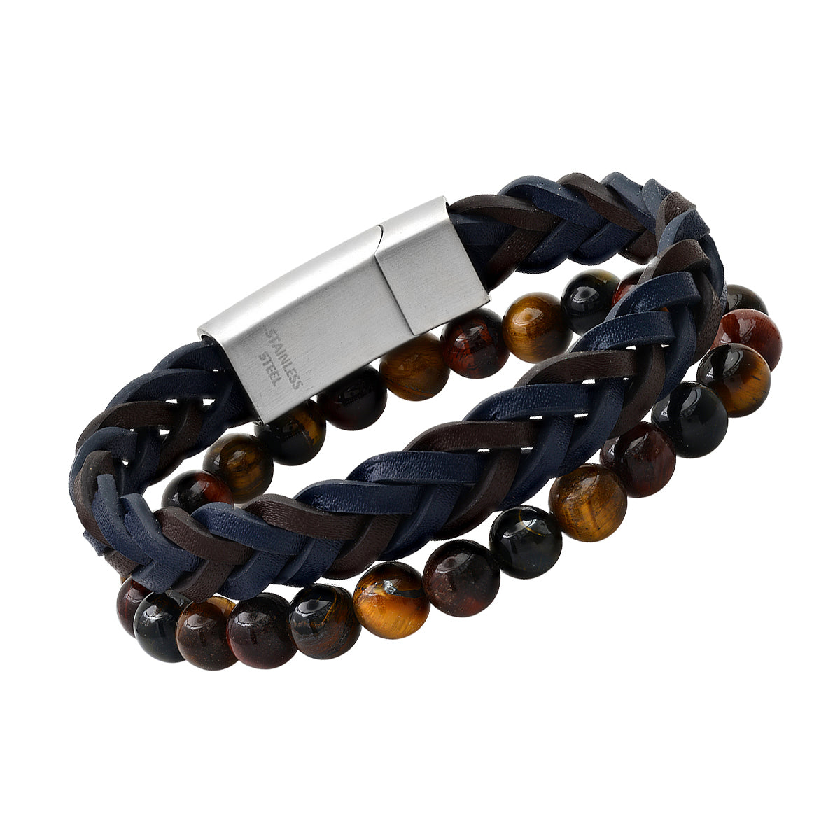 Blue and Black Braided Leather & Tiger Eye Beaded Bracelet Stack