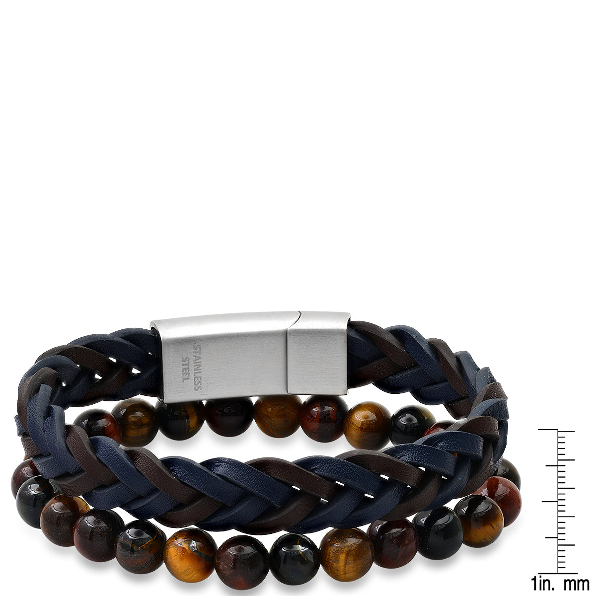 Blue and Black Braided Leather & Tiger Eye Beaded Bracelet Stack