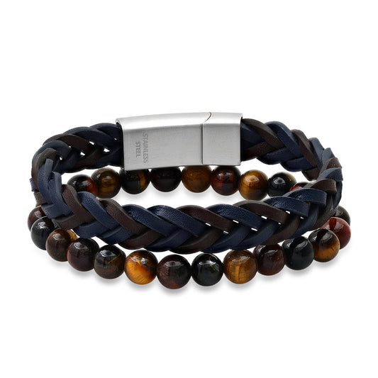 Blue and Black Braided Leather & Tiger Eye Beaded Bracelet Stack