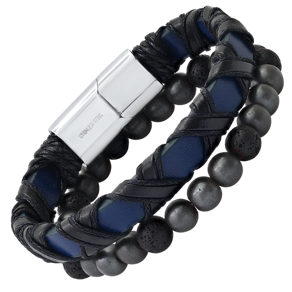 SteelTime Criss Cross Leather + Lava Bracelet Stack