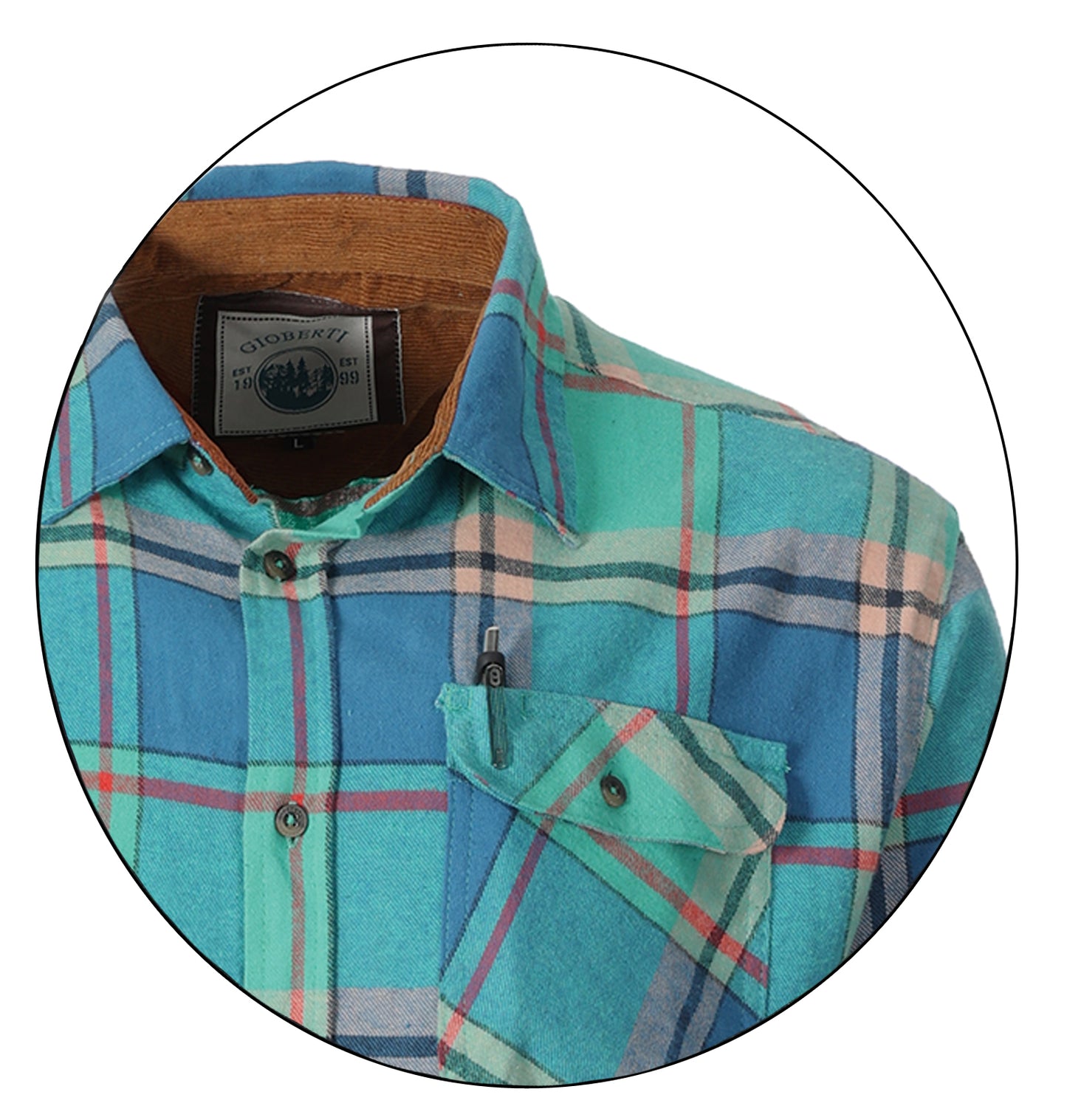 title:Gioberti Men's Aqua / Turquoise / Orange 100% Cotton Brushed Flannel Plaid Checkered Shirt with Corduroy Contrast;color:Aqua / Turquoise / Orange