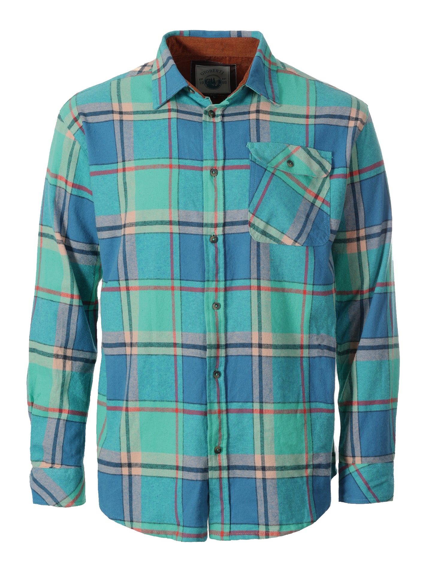 title:Gioberti Men's Aqua / Turquoise / Orange 100% Cotton Brushed Flannel Plaid Checkered Shirt with Corduroy Contrast;color:Aqua / Turquoise / Orange