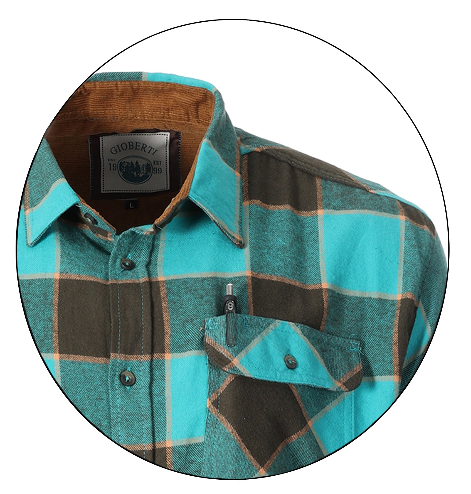 title:Gioberti Men's Aqua / Brown / Orange 100% Cotton Brushed Flannel Plaid Checkered Shirt with Corduroy Contrast;color:Aqua / Brown / Orange