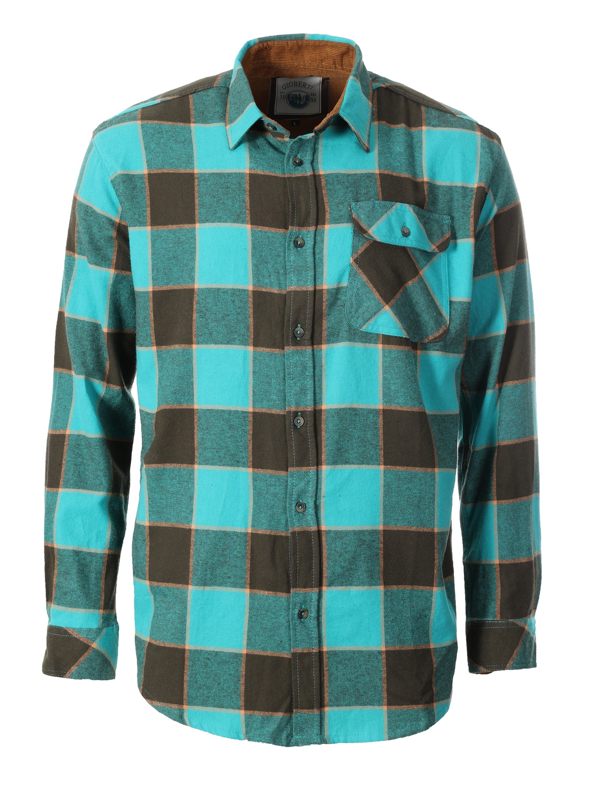 title:Gioberti Men's Aqua / Brown / Orange 100% Cotton Brushed Flannel Plaid Checkered Shirt with Corduroy Contrast;color:Aqua / Brown / Orange