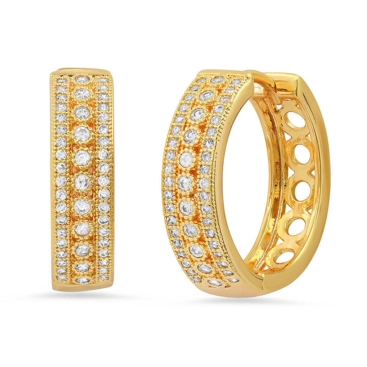 Steeltime 18K Gold Plated Brass Huggie Earrings with Simulated Diamonds