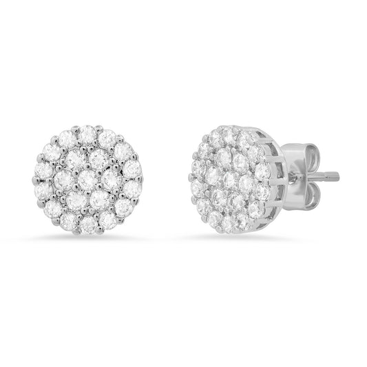 Steeltime 18K White Gold Brass Round Cluster Stud Earrings with Simulated Diamonds