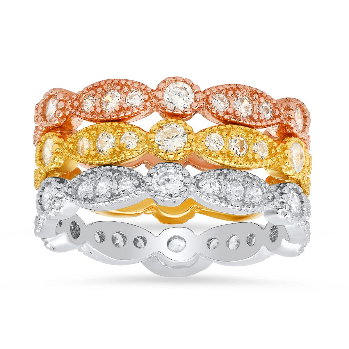 Sterling Silver Tri-Color 3pc Stackable Ring Set - Ruumur