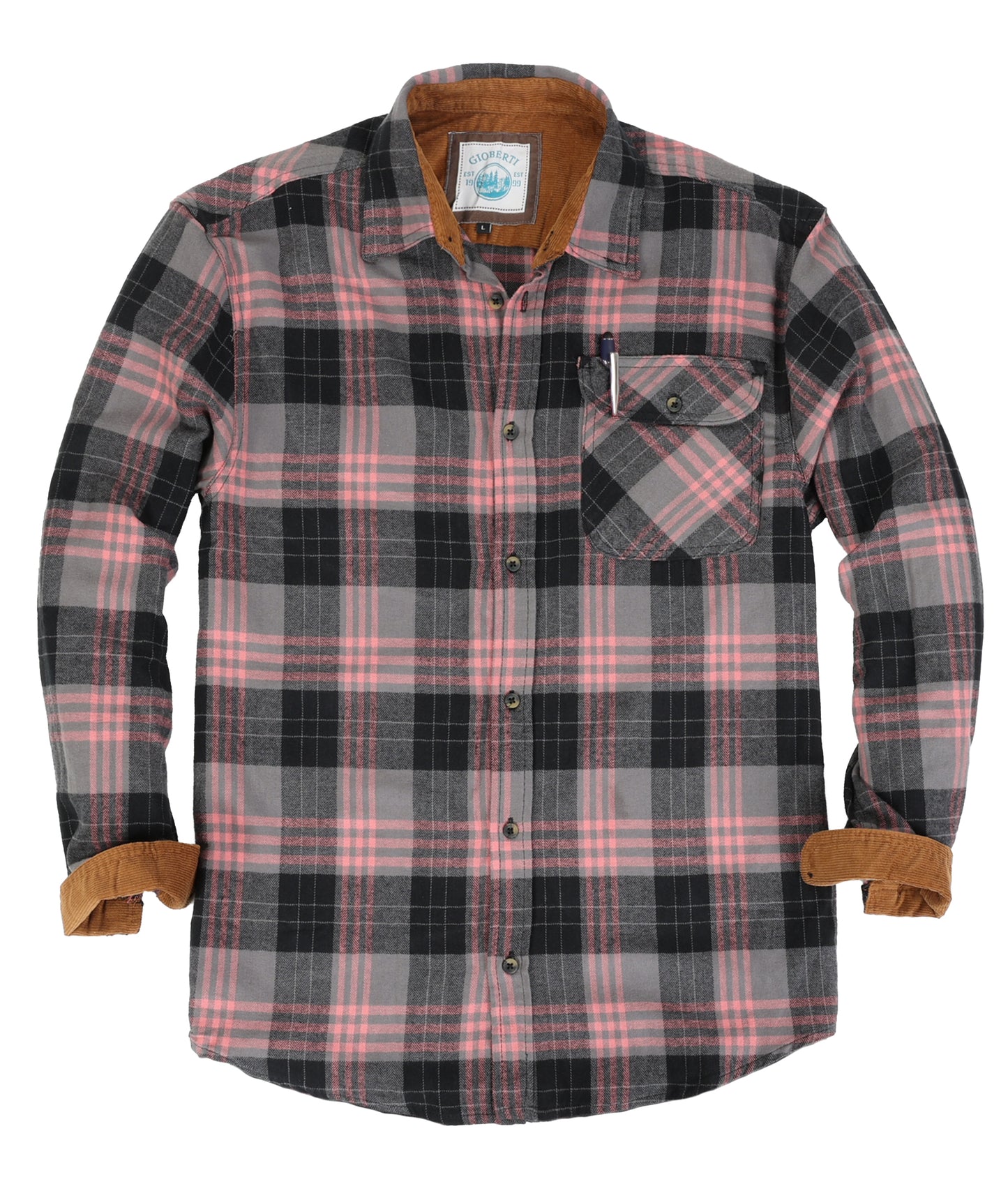 title:Gioberti Men's Black / Gray / Coral 100% Cotton Brushed Flannel Plaid Checkered Shirt with Corduroy Contrast;color:Black / Gray / Coral