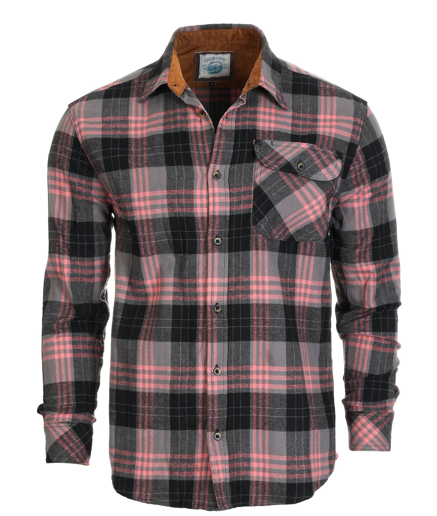 title:Gioberti Men's Black / Gray / Coral 100% Cotton Brushed Flannel Plaid Checkered Shirt with Corduroy Contrast;color:Black / Gray / Coral