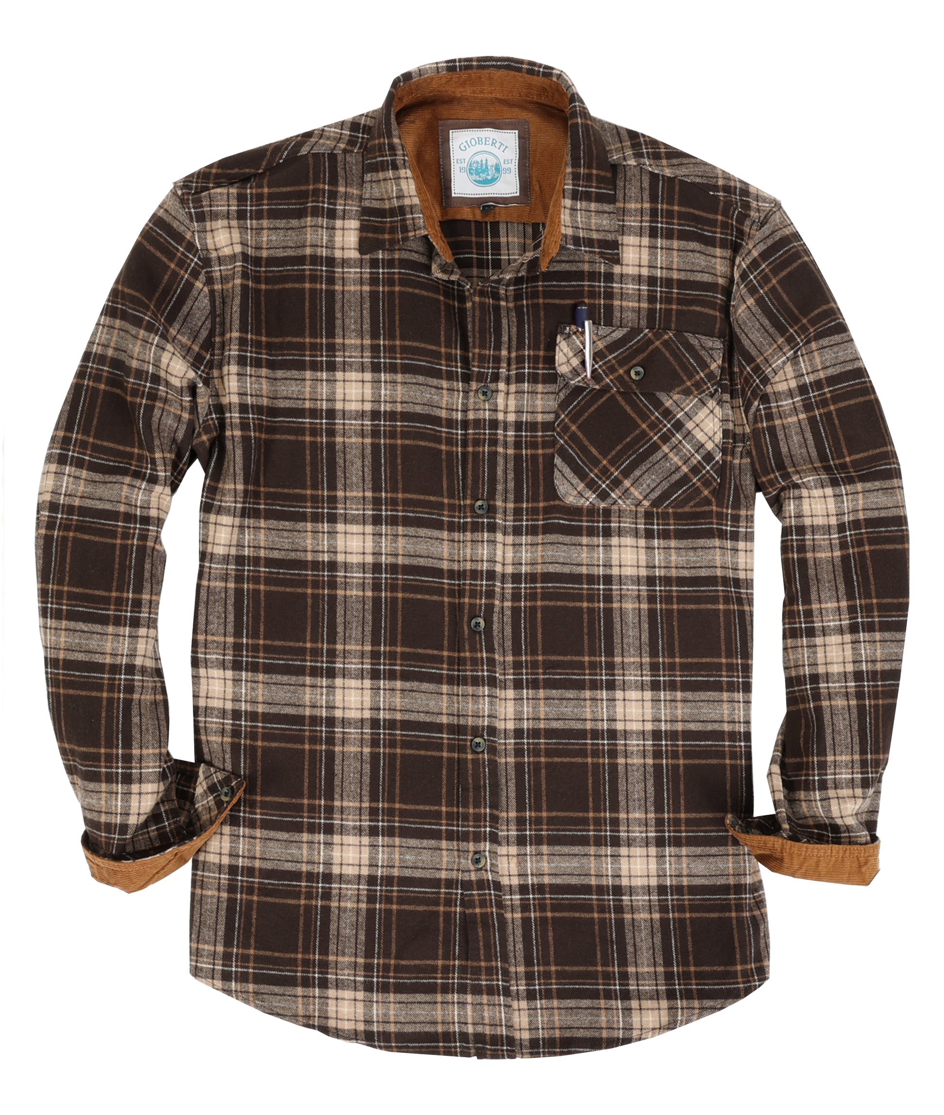 title:Gioberti Men's Brown / Khaki Highlight 100% Cotton Brushed Flannel Plaid Checkered Shirt with Corduroy Contrast;color:Brown / Khaki Highlight