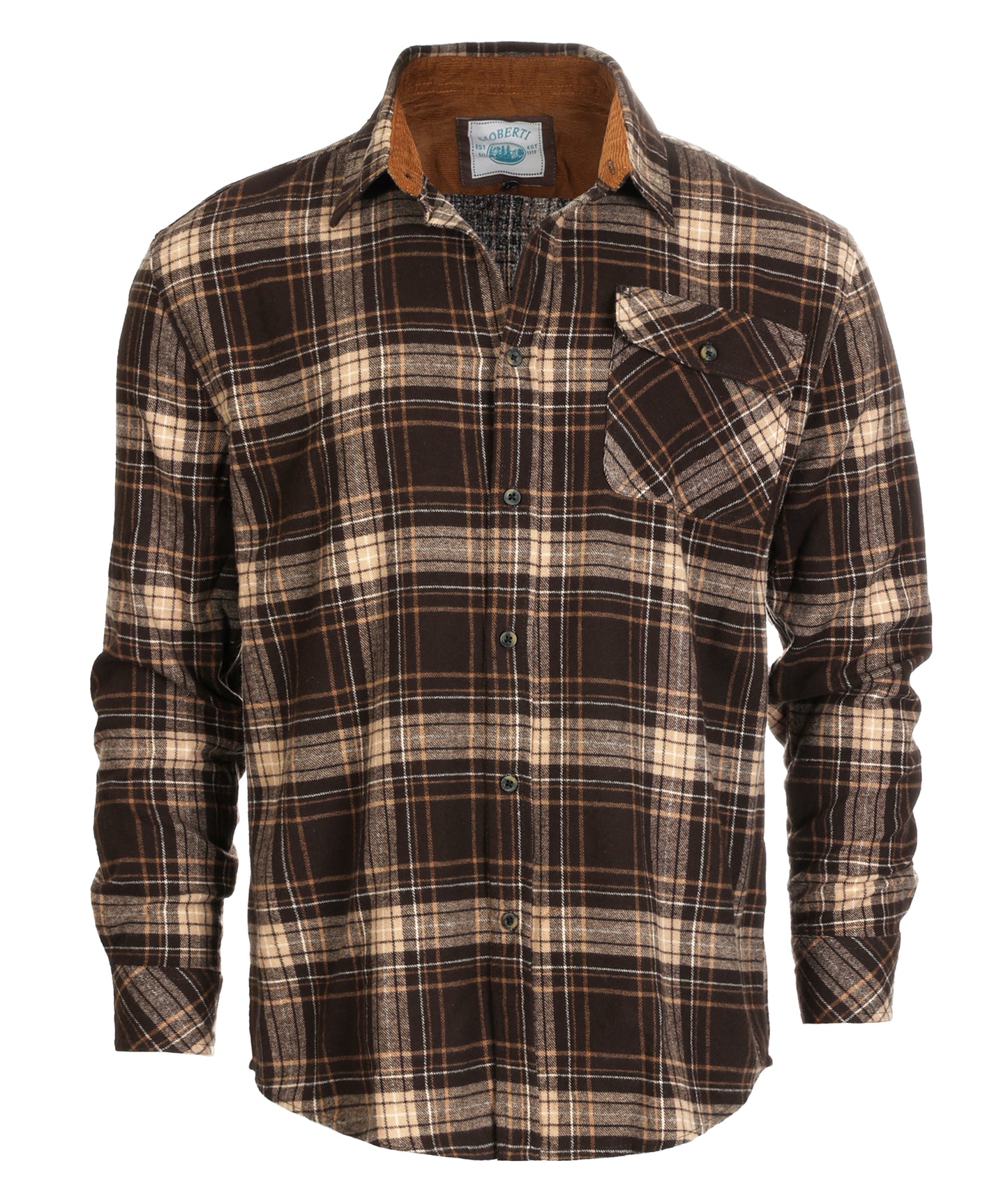 title:Gioberti Men's Brown / Khaki Highlight 100% Cotton Brushed Flannel Plaid Checkered Shirt with Corduroy Contrast;color:Brown / Khaki Highlight