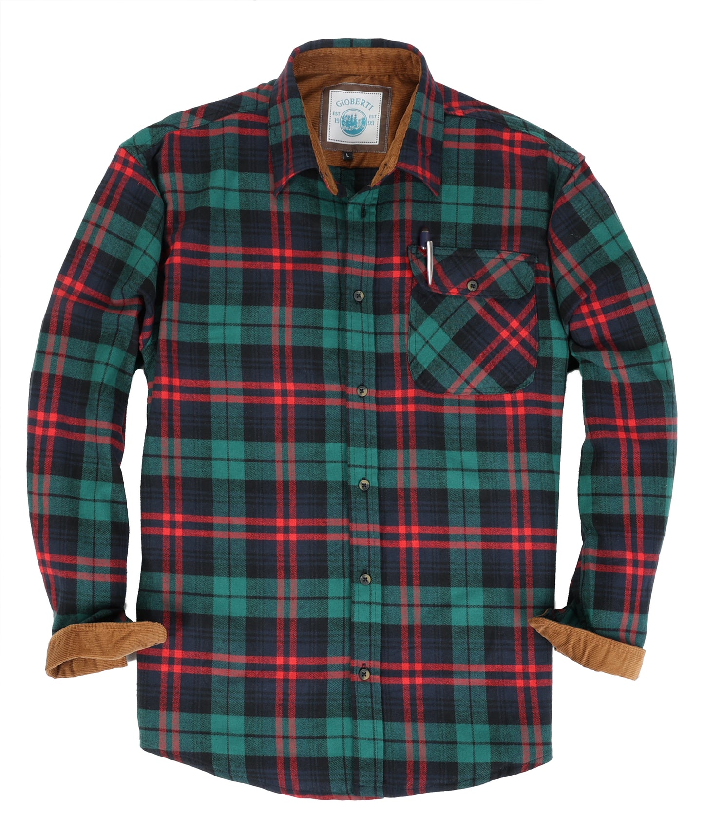 title:Gioberti Men's Green / Red 100% Cotton Brushed Flannel Plaid Checkered Shirt with Corduroy Contrast;color:Green / Red