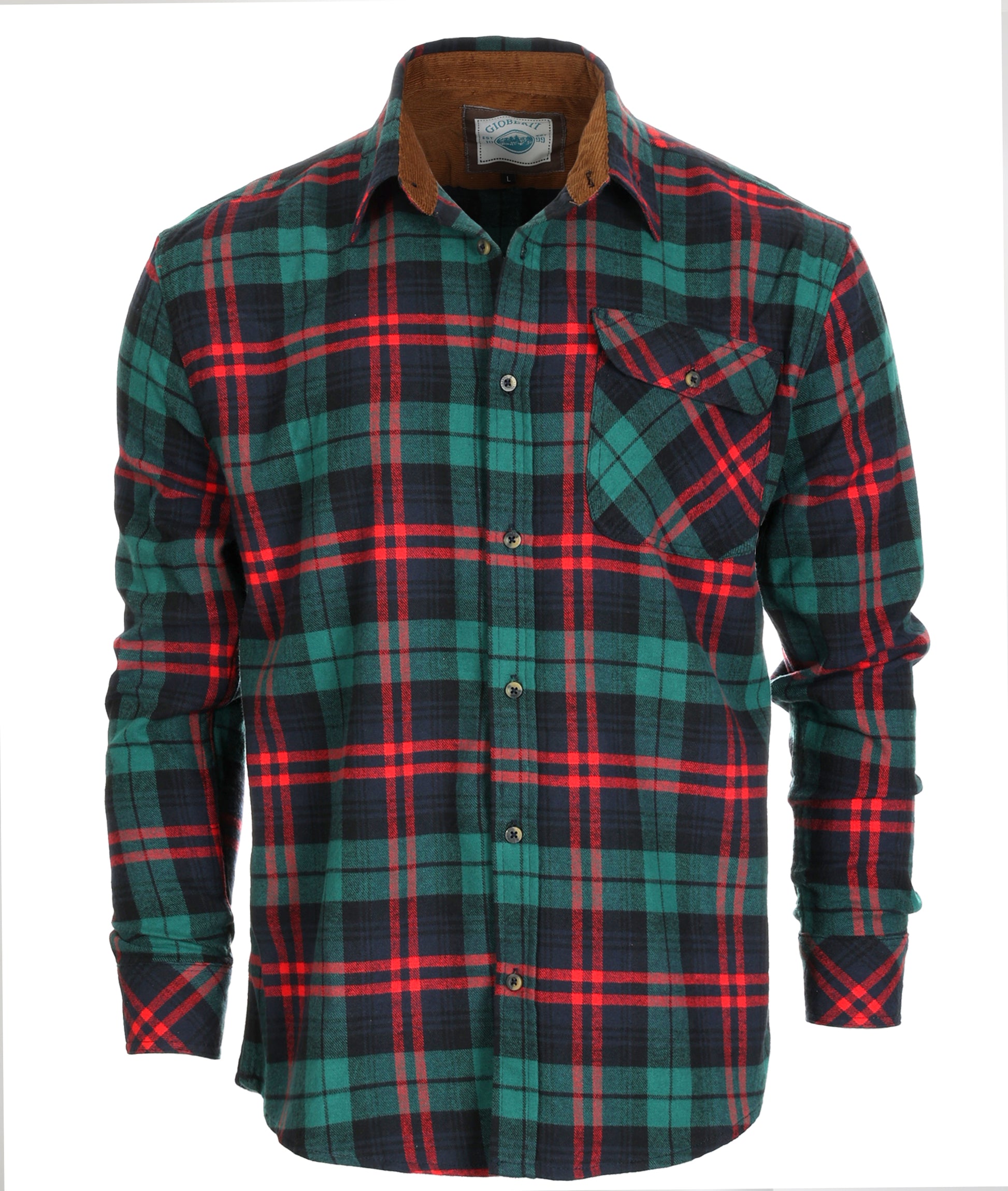 title:Gioberti Men's Green / Red 100% Cotton Brushed Flannel Plaid Checkered Shirt with Corduroy Contrast;color:Green / Red