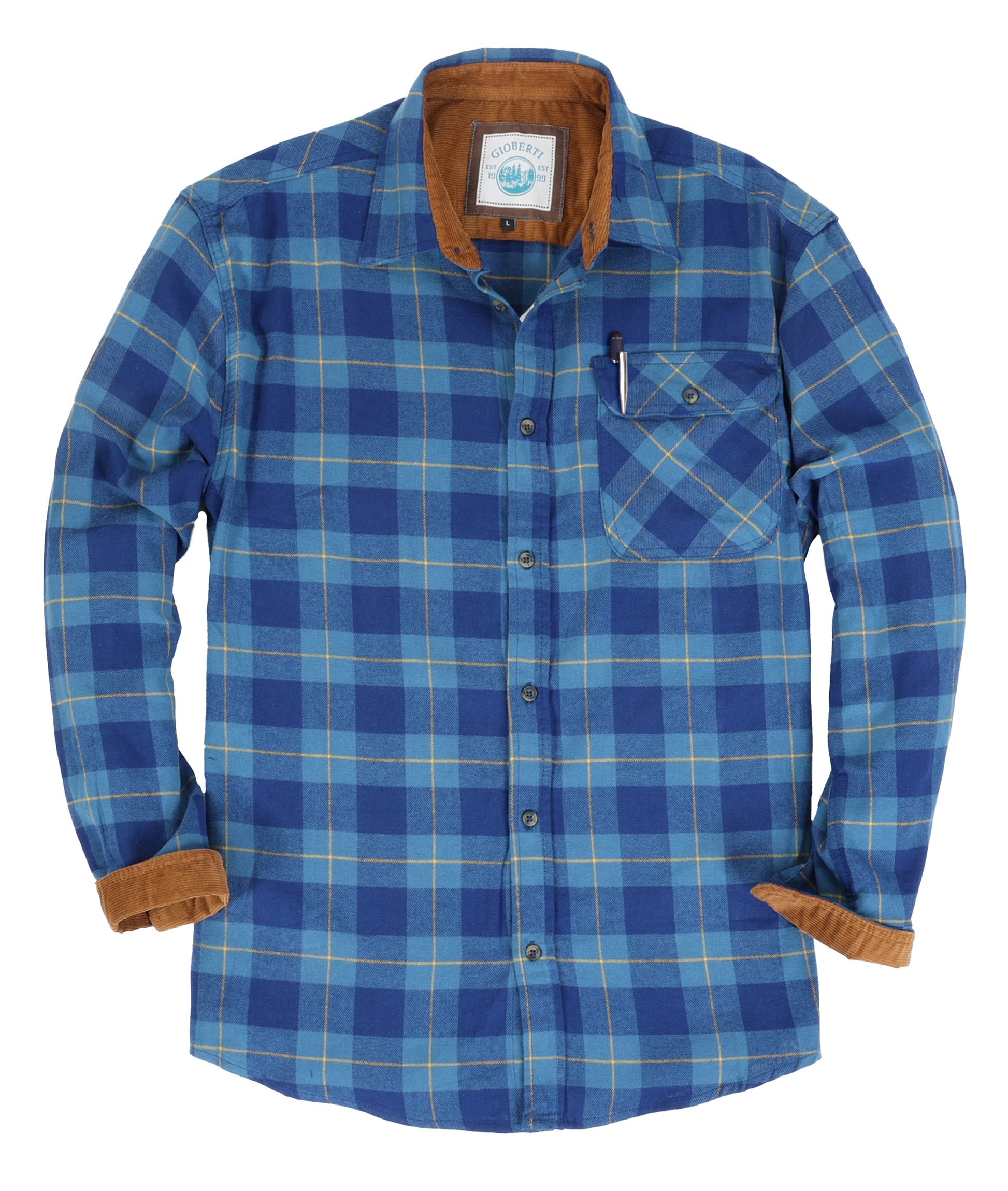 title:Gioberti Men's Blue / Cobalt / Yellow Highlight 100% Cotton Brushed Flannel Plaid Checkered Shirt with Corduroy Contrast;color:Blue / Cobalt / Yellow Highlight