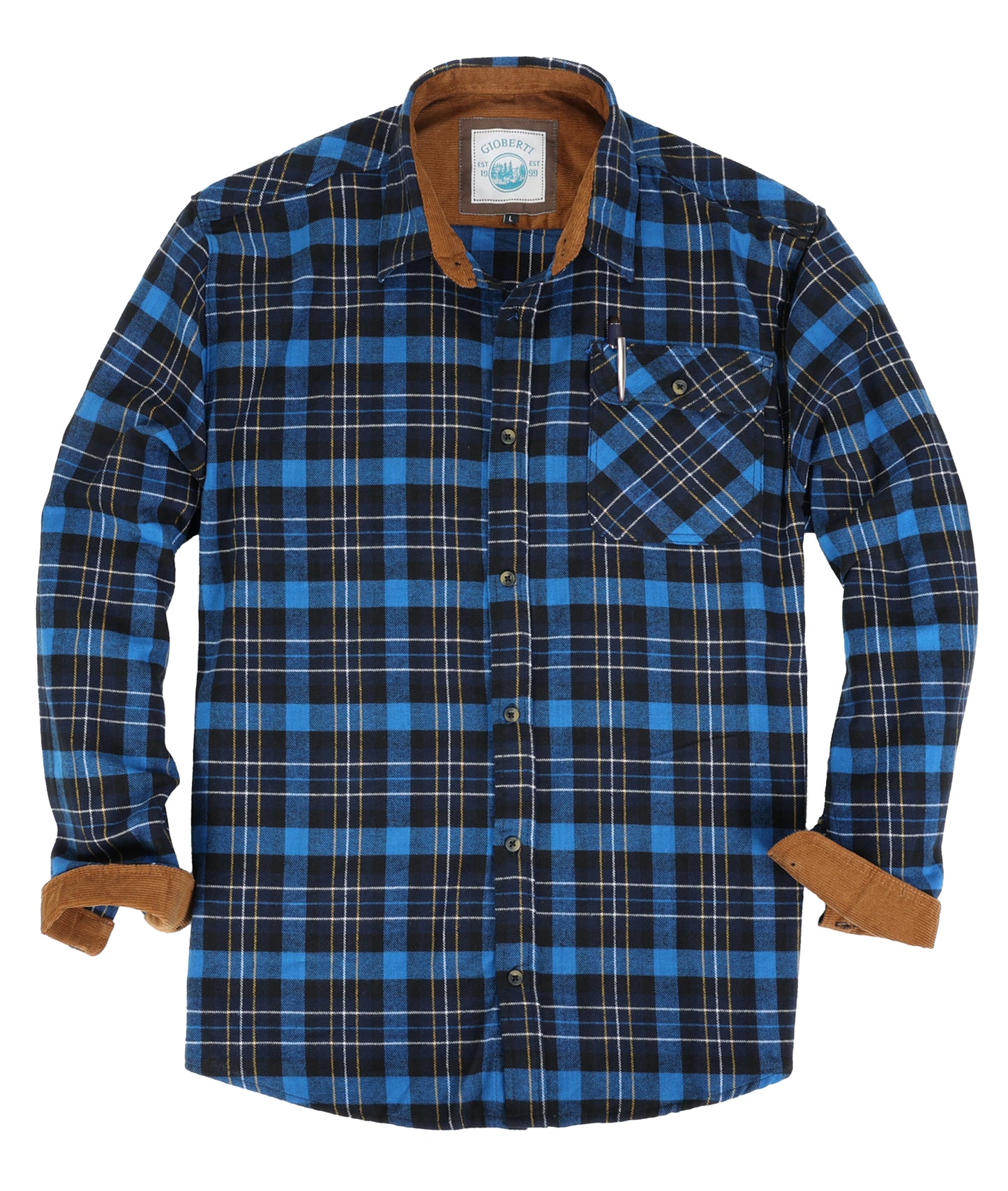 title:Gioberti Men's Royal Blue / Midnight / Yellow White Highlight 100% Cotton Brushed Flannel Plaid Checkered Shirt with Corduroy Contrast;color:Royal Blue / Midnight / Yellow White Highlight