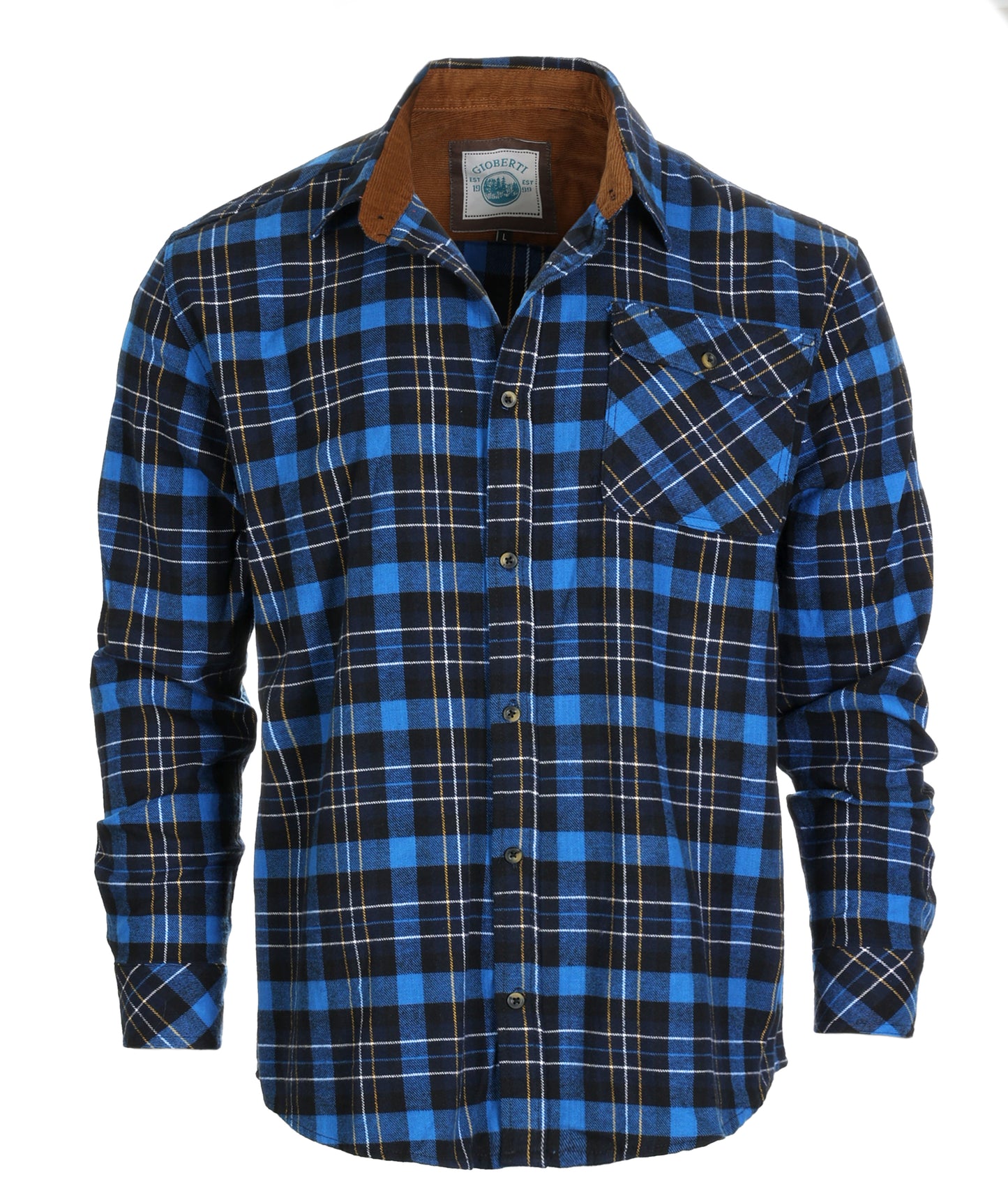 title:Gioberti Men's Royal Blue / Midnight / Yellow White Highlight 100% Cotton Brushed Flannel Plaid Checkered Shirt with Corduroy Contrast;color:Royal Blue / Midnight / Yellow White Highlight