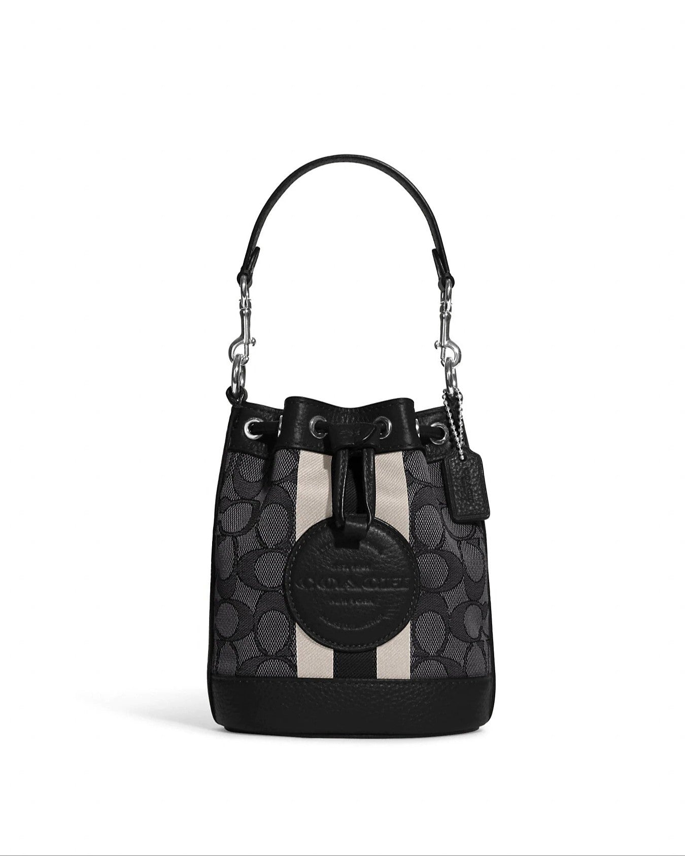 title:Coach Women's Graphite & Black Mini Dempsey Bucket Bag In Signature Jacquard With Stripe And Coach Patch;color:Graphite / Black