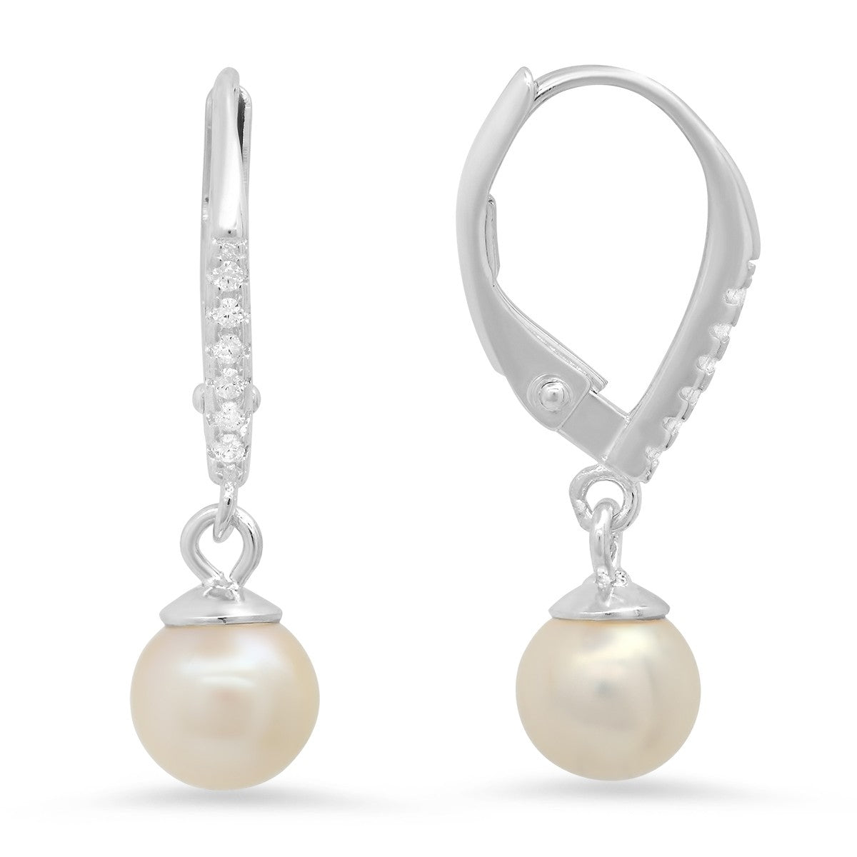 Sterling Silver Pearl & CZ Dangling Leverback Earrings - Ruumur