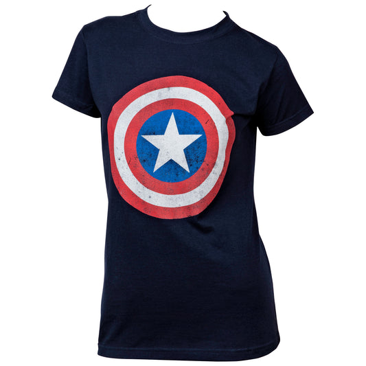 title:Captain America Distressed Shield Symbol Women's T-Shirt;color:Blue