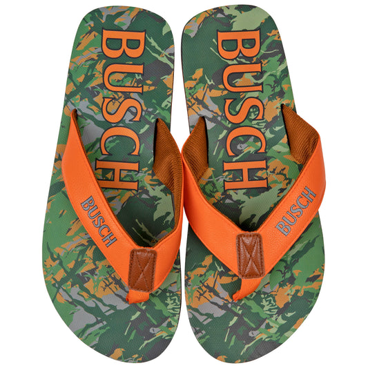 title:Busch Hunter Orange Text Logo Tree Camo Men's Flip Flop Sandals;color:Multi-Color