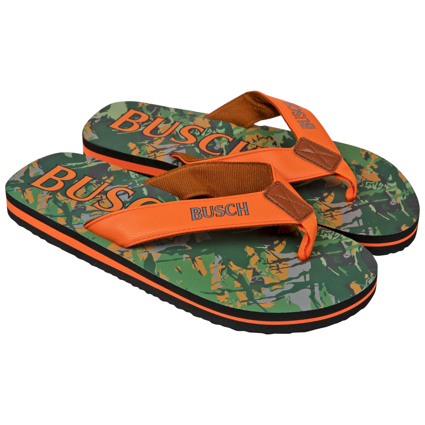 title:Busch Hunter Orange Text Logo Tree Camo Men's Flip Flop Sandals;color:Multi-Color