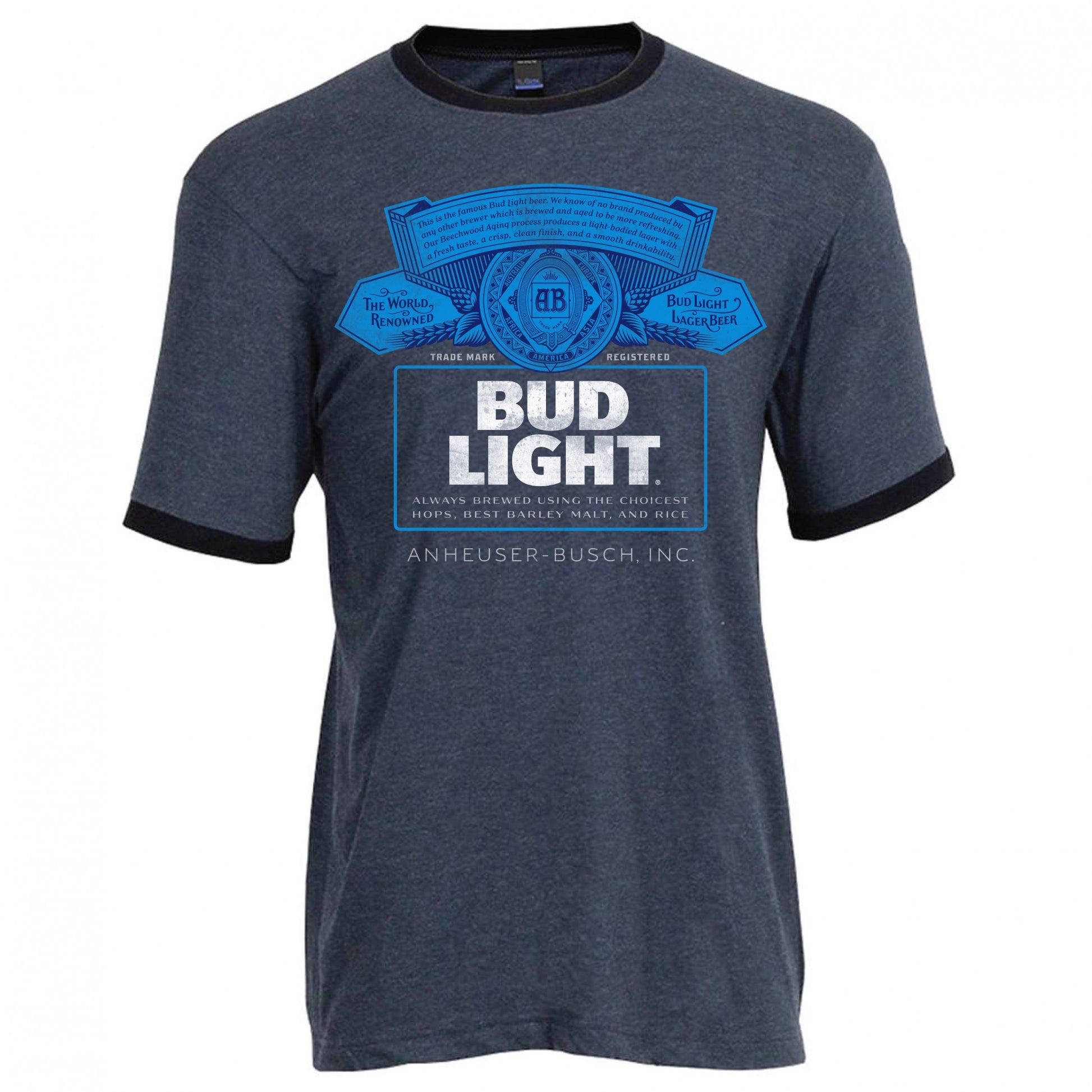 title:Bud Light Men's Charcoal Blue Ringer T-Shirt;color:Black