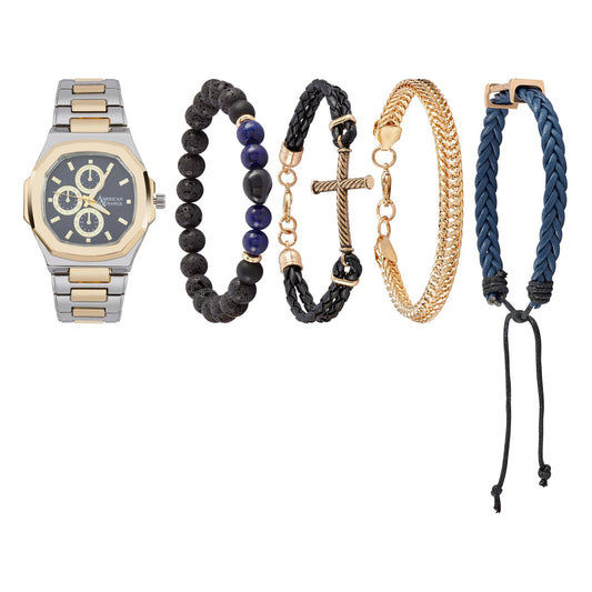 American Exchange Men's Analog Watch And 4 Piece Bracelet Set, Navy/Two Tone