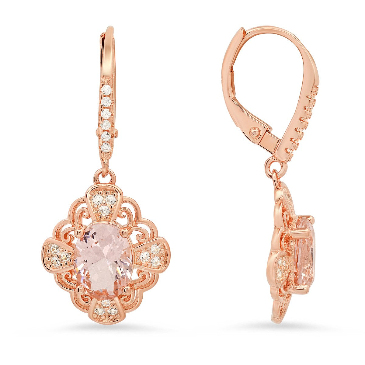 title:14k Rose Gold Over Silver Vintage Filigree Morganite CZ Leverback Earrings;color:not applicable