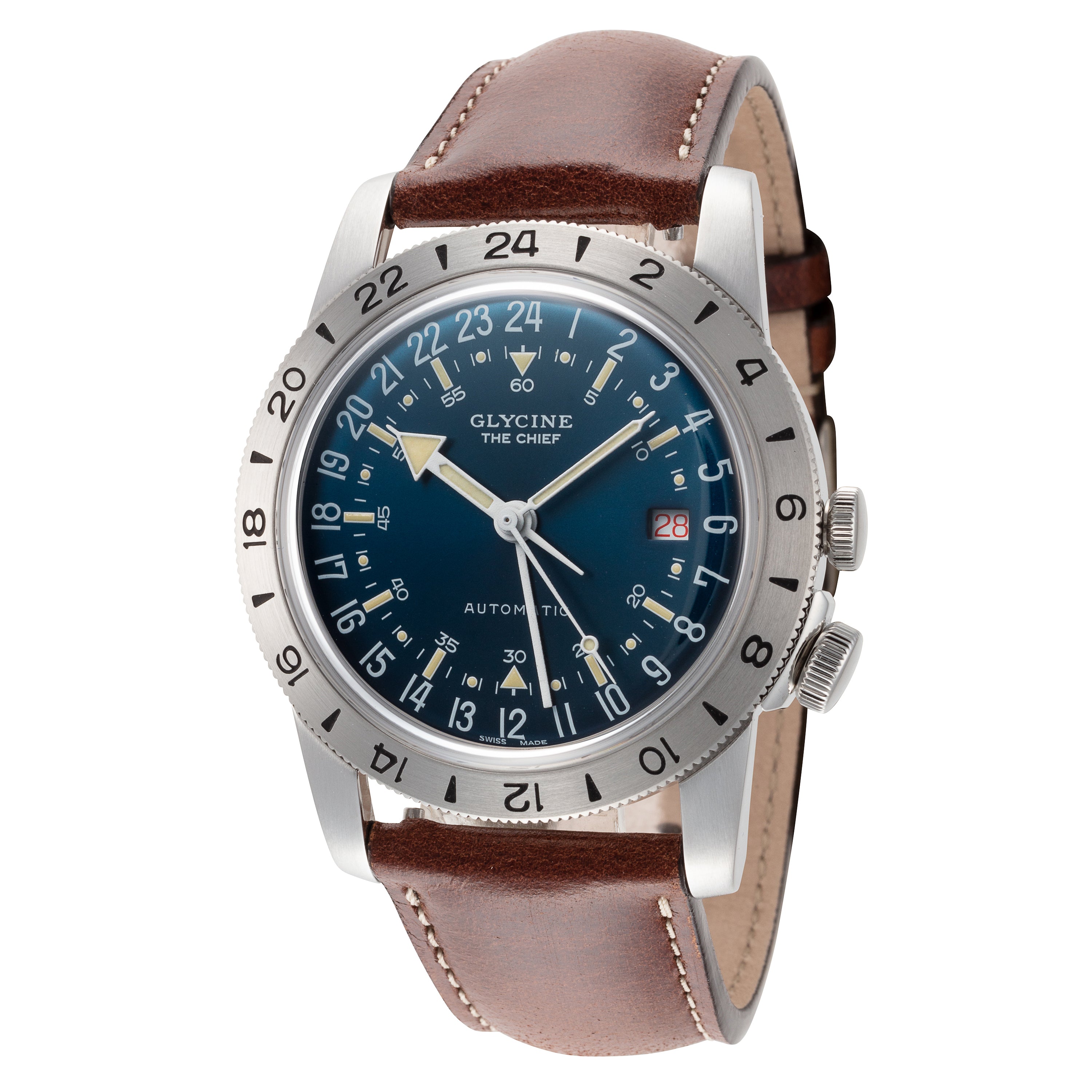 title:Glycine Men's Airman Vintage The Chief GL0306 Blue Dial Leather Watch;color:Brown