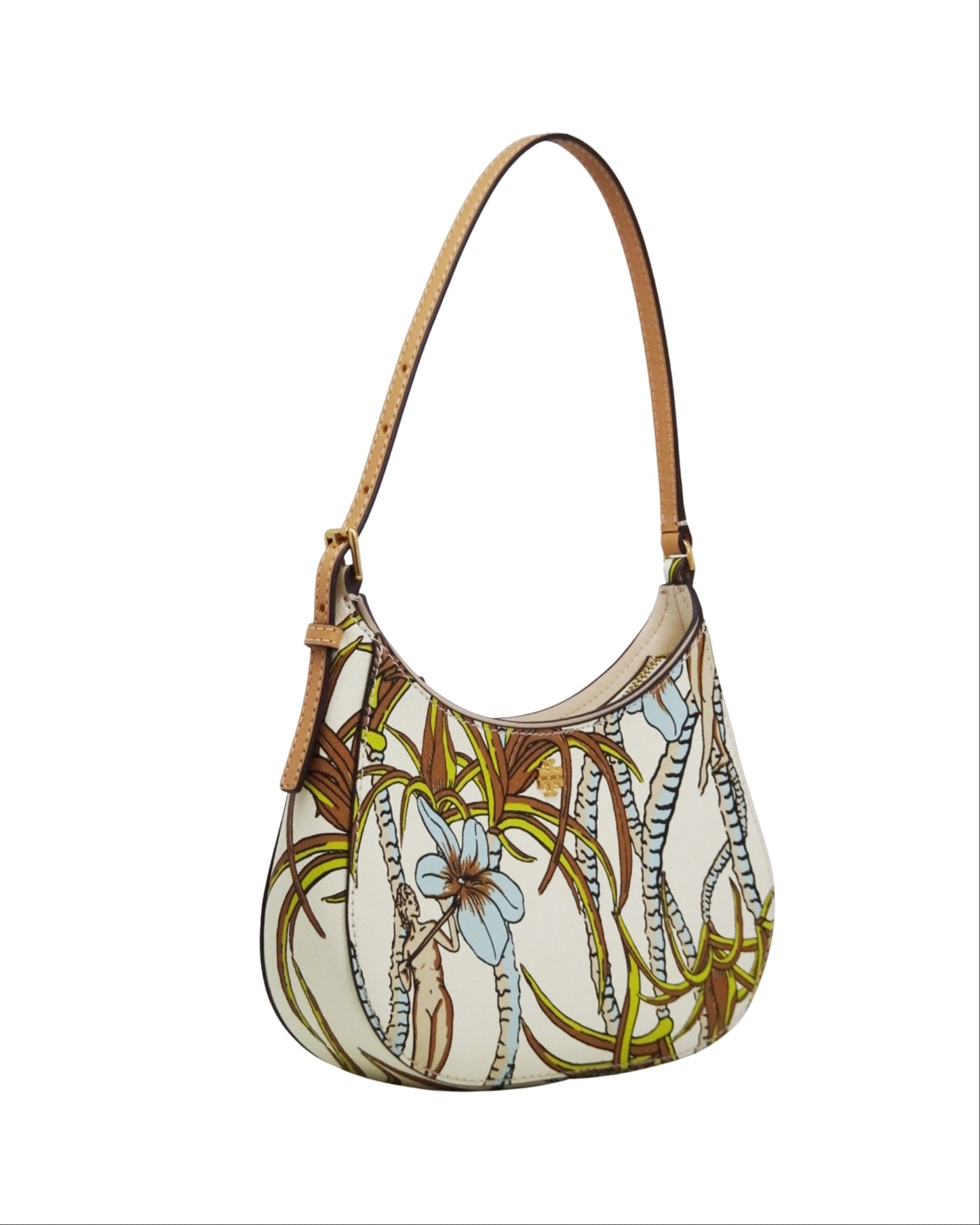 Tory Burch Cream Brown Climbing Palms Emerson Printed Zip Shoulder Bag