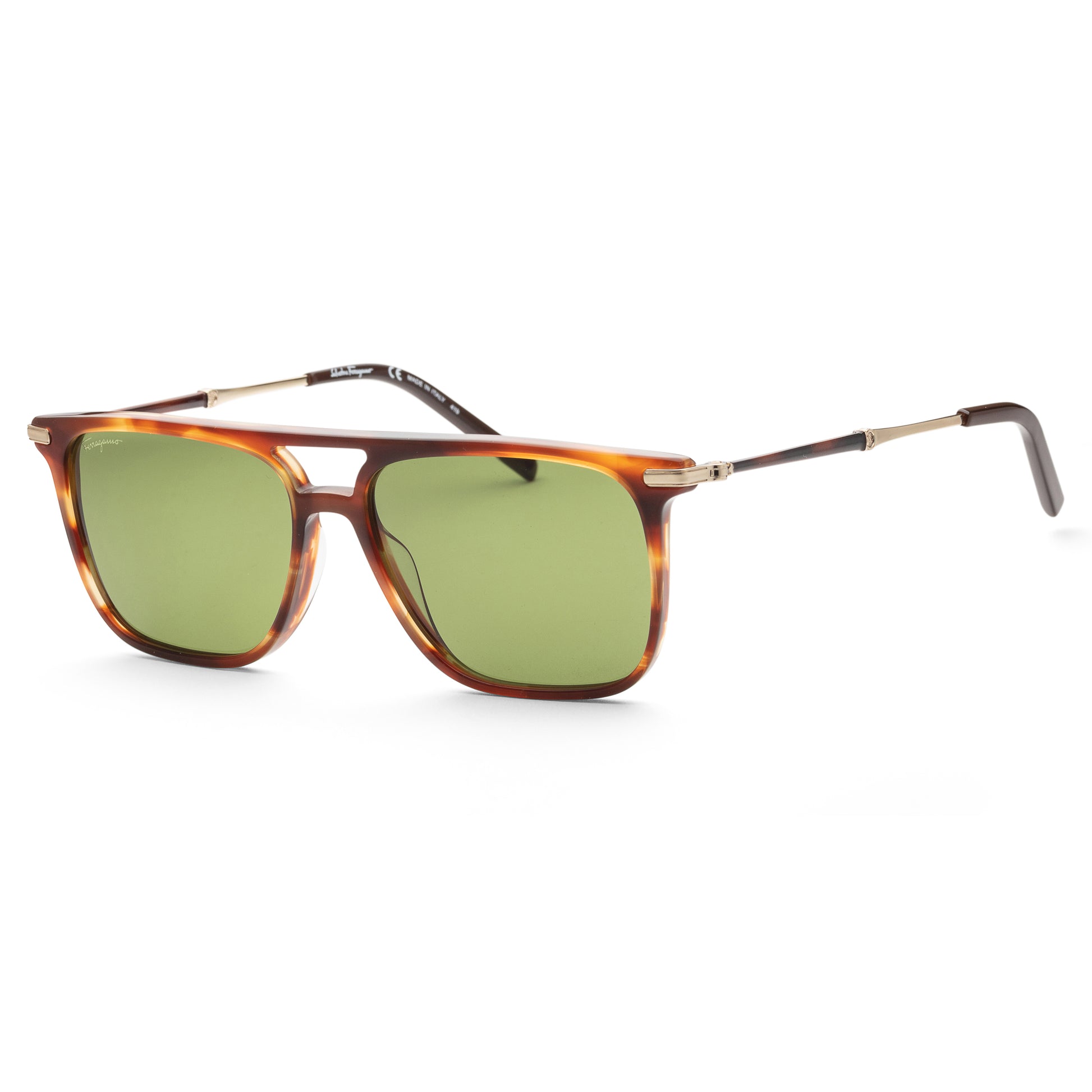 title:Ferragamo Men's 57mm Striped Brown Sunglasses SF966S-216;color:Striped Brown frame, Green lens