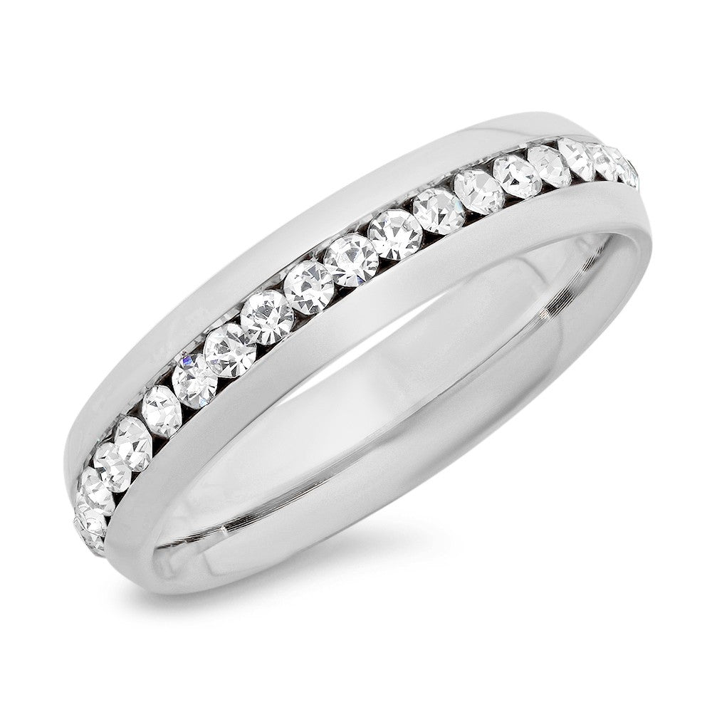 title:SteelTime Women's Stainless Steel And Simulated Diamonds Band Ring;color:Silver