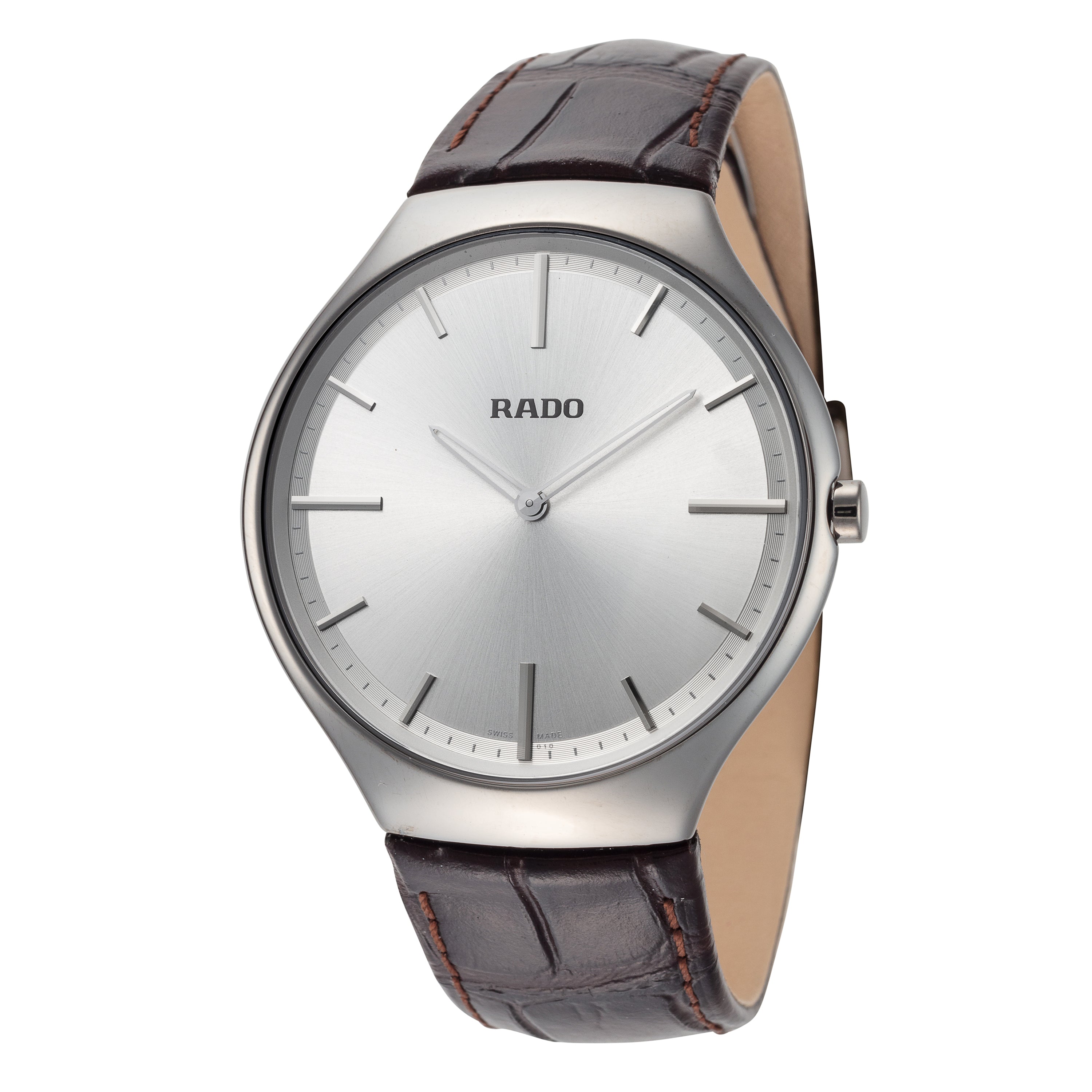 title:Rado Men's R27955105 Rado True 39mm Quartz Watch;color:Silver Dial Dark Brown Band