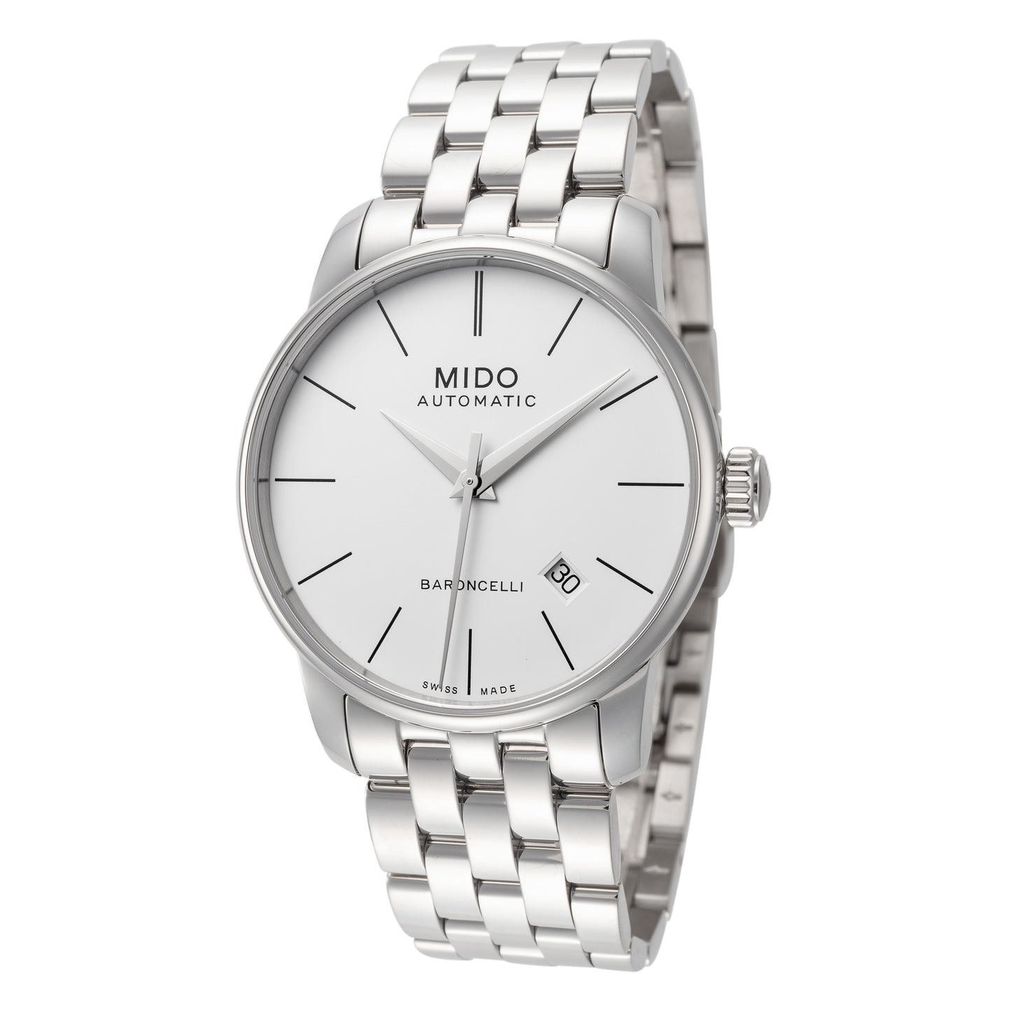 title:Mido Men's M86004761 Baroncelli 38mm Automatic Watch;color:White Dial Silver Band