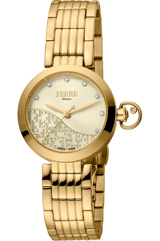 title:Ferre Milano Women's FM1L148M0061 Fashion 28mm Quartz Watch;color:White Dial Gold Band