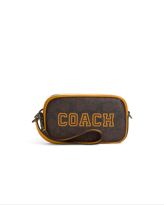 title:Coach Women's Brown & Buttercup Jamie Wristlet In Signature Canvas With Varsity Motif;color:Brown / Buttercup